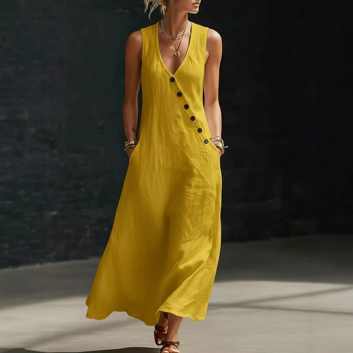 Design Sleeveless V-Neck Button-Front Linen Maxi Dress Lime Green - 15