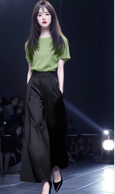 Design Knit Short-Sleeve Top in Lime Yellow and High-Waisted Wide-Leg Pants in Black Clothing - 9