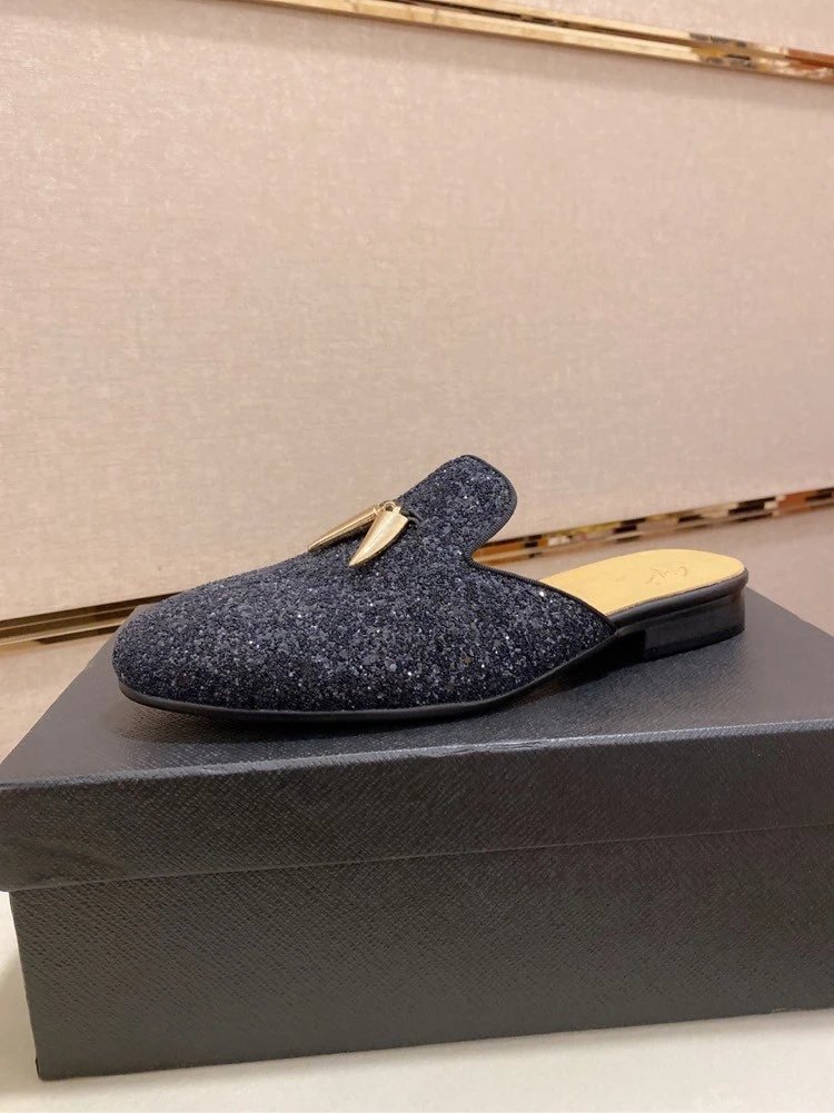Design Giuseppe Zanotti Glitter Loafers with Gold Spike Detail Black Slippers - 5