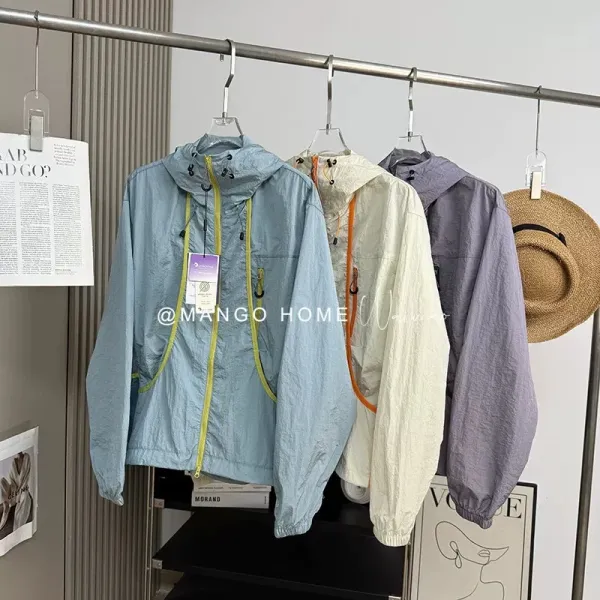 Design Lightweight Hooded Windbreaker Beige with Orange Trim Outerwear - 3