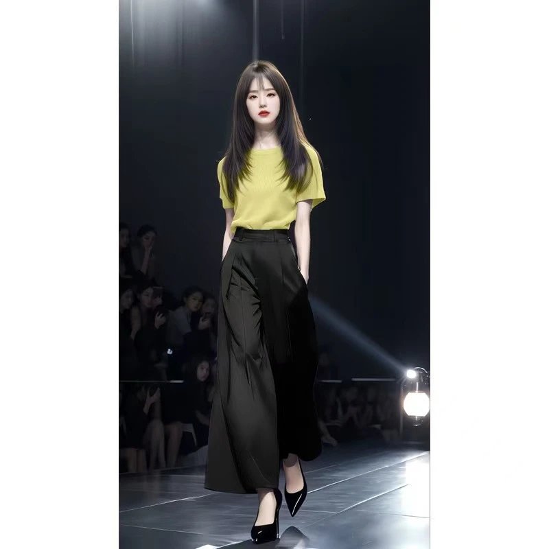 Design Knit Short-Sleeve Top in Lime Yellow and High-Waisted Wide-Leg Pants in Black Clothing - 11