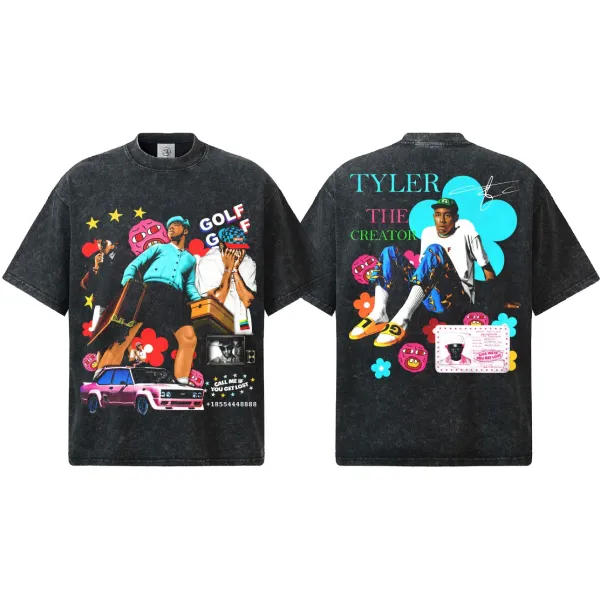 Cactus Jack Tyler, The Creator x Golf Wang Graphic Print Acid Wash Black T-Shirt T-Shirts - 1