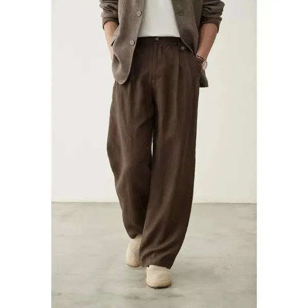 Design Wide-Leg Linen Blend Trousers Brown Pants - 4