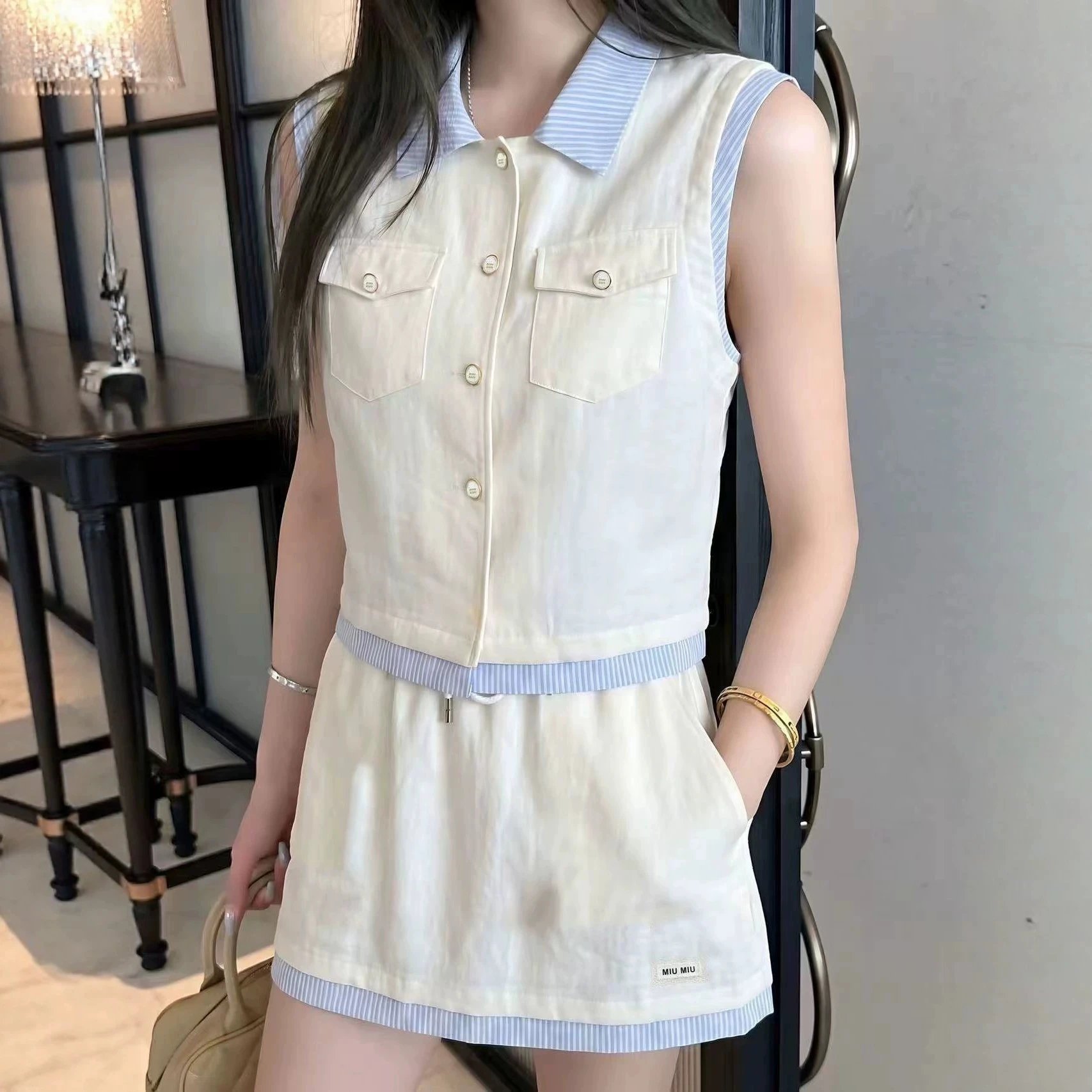 Denim Sleeveless Vest and Skirt Set Navy Blue Collar Style
