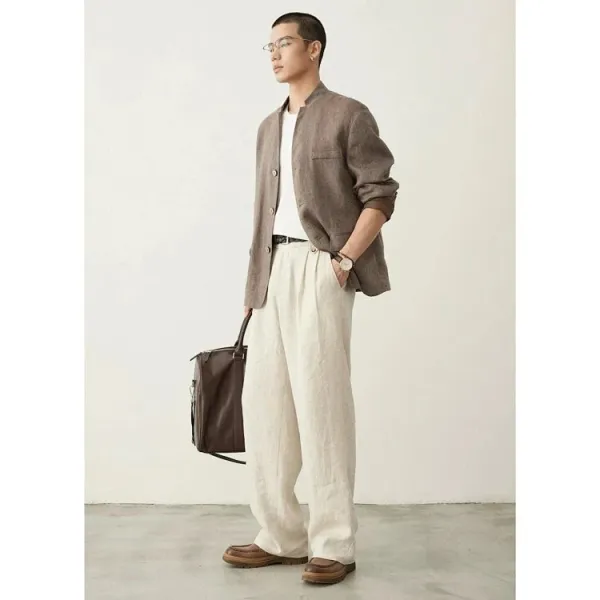 Design Wide-Leg Linen Blend Trousers Brown Pants - 11