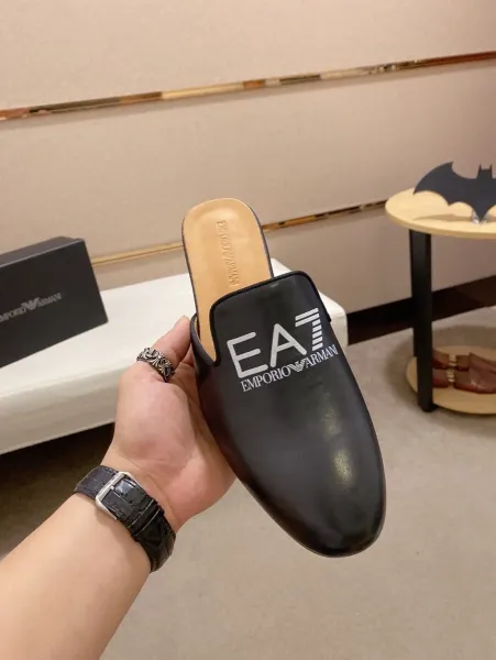 Emporio Armani EA7 Logo Mule Black Leather Slippers - 1