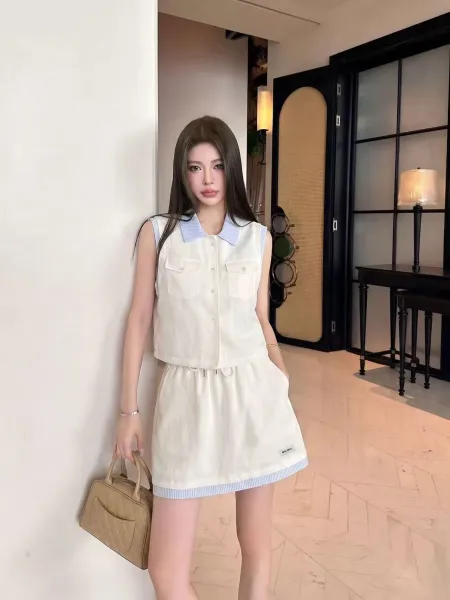 Design Sleeveless Collar Vest Set Navy with Striped Trim Skirt - 7