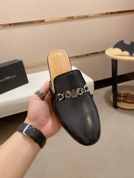 Giorgio Armani Eagle Logo Black Leather Mule Slippers - 9
