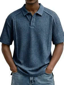 Design Waffle Knit Polo Shirt Navy Tops Polo
