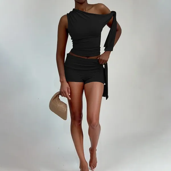 Design Asymmetrical One-Shoulder Top and Wrap Shorts Set Black - 10