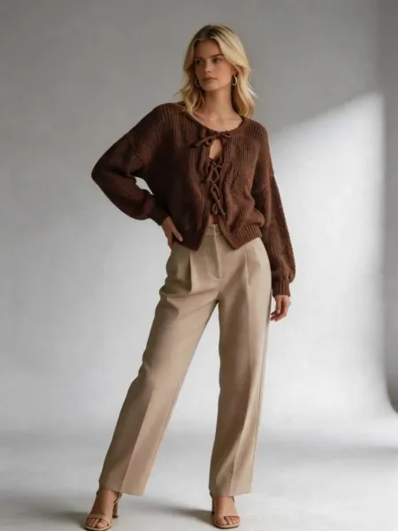 Design Lace-Up Knit Cardigan White + Beige Wide-Leg Pants Set - 7
