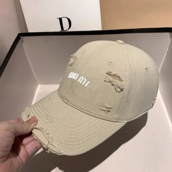Miu Miu Distressed Beige Baseball Cap - 1