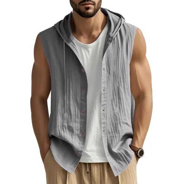 Design Sleeveless Hooded Button-Up Shirt White Tops - 18