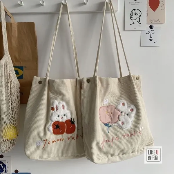 Design Tomato Rabbit Corduroy Tote Bag Beige - 30