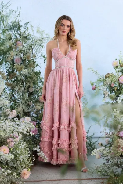Design Floral Ruffle Maxi Dress with High Slit and Pearl Embellishment - 16