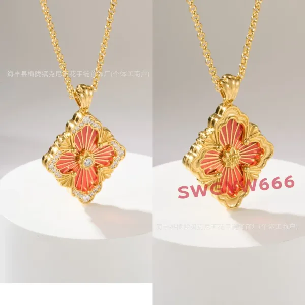 Design Floral Enamel Pendant Necklace in Gold with Red Enamel and Cubic Zirconia Jewelry - 1