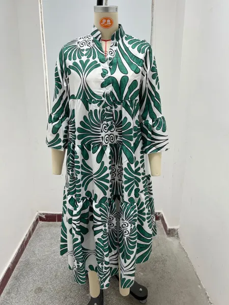Design Tropical Leaf Print Shirt Dress in Cream and Green - 7