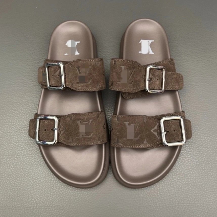 Louis Vuitton Monogram Suede Double Buckle Slide Sandals Brown Slippers