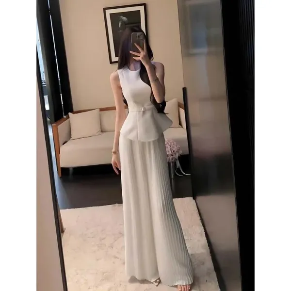 Design Peplum Waist High-Neck Pleated Maxi Dress White - 3