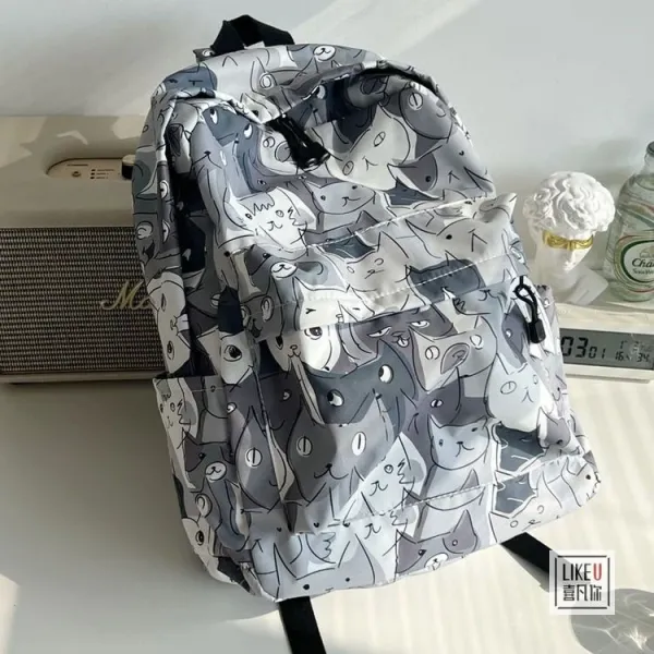 Design Cat Print Gray Multicolor Casual Backpack - 14