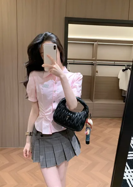 Design Pink Ruched Collar Shirt with Pleated Gray Plaid Skirt Clothing - 5