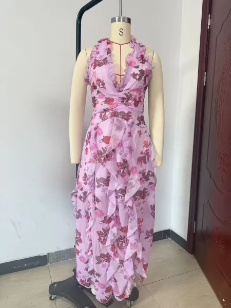 Design Floral Ruffle Halter Gown Lilac Pink Dress - 3