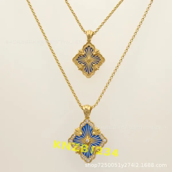 Design Four-Leaf Clover Enamel Pendant Necklace in Gold with Blue Enamel and Cubic Zirconia Jewelry - 1