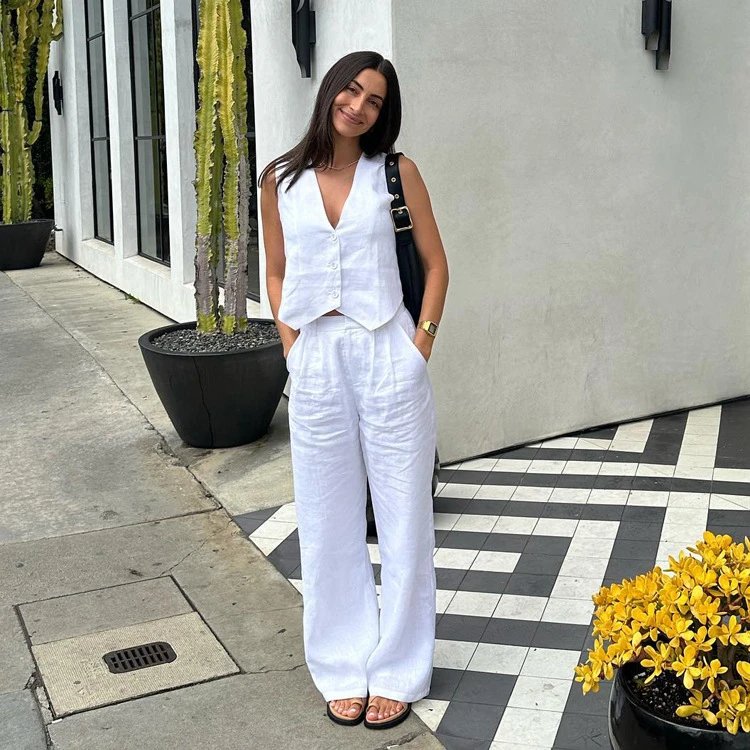 Linen Vest and Wide-Leg Pants Set White