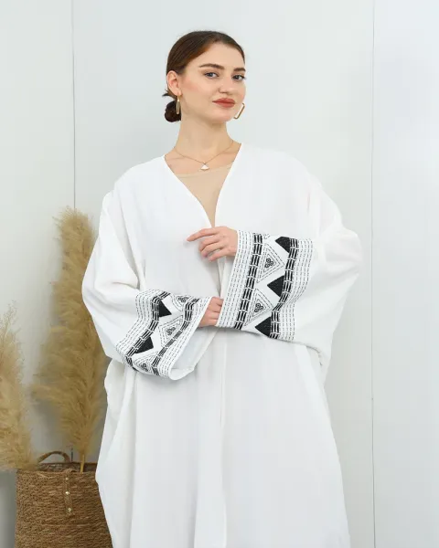 Design Abaya with Geometric Embroidery White Outerwear - 8