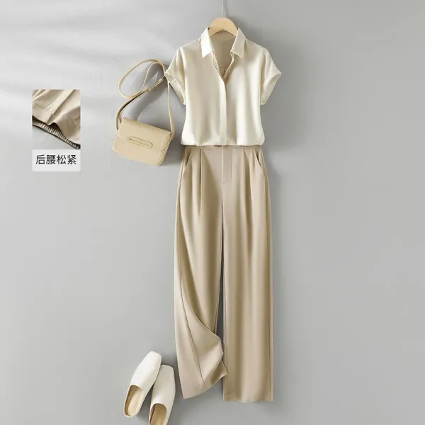 Design Silk-Like Shirt and Wide-Leg Pants Set Beige - 2