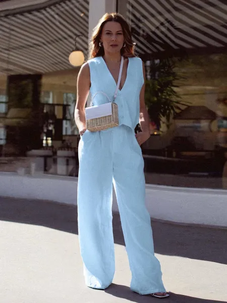 Design Beige Tailored Vest and Wide-Leg Pants Set Sets - 12