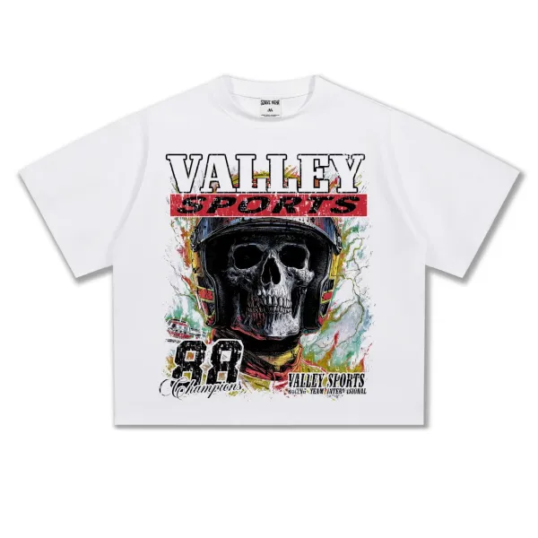 Design Valley Sports Skull Graphic Cropped T-Shirt White T-Shirts - 1