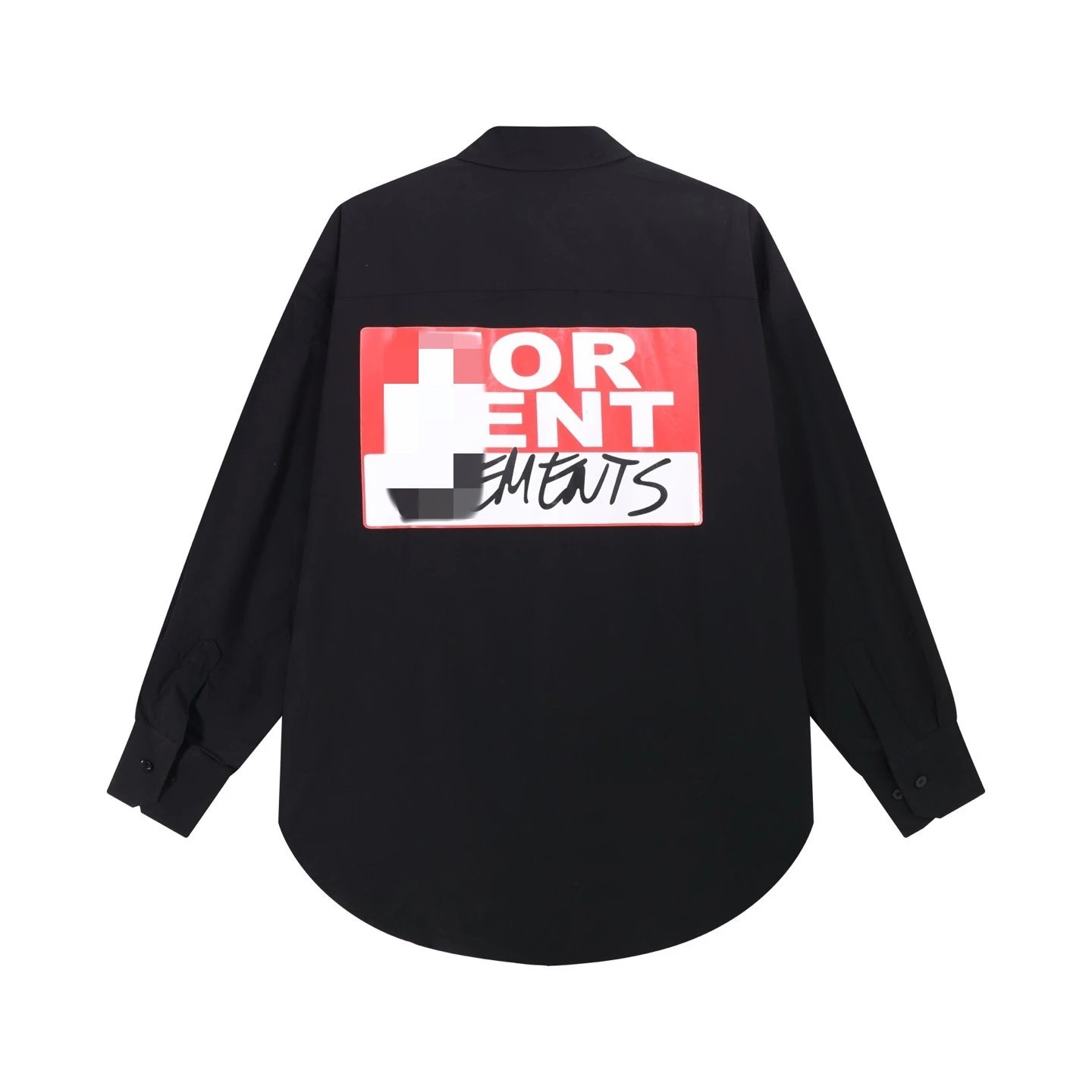 Black Oversized Button-Up Shirt with Graphic Patch Pocket