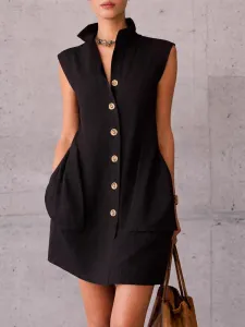 Design Sleeveless Button-Front Shirt Dress Black