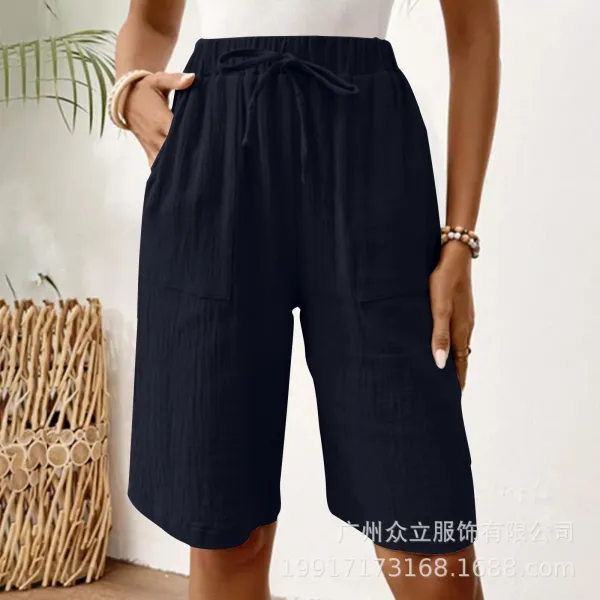 Design Wide-Leg Linen-Blend Drawstring Shorts Blue - 35