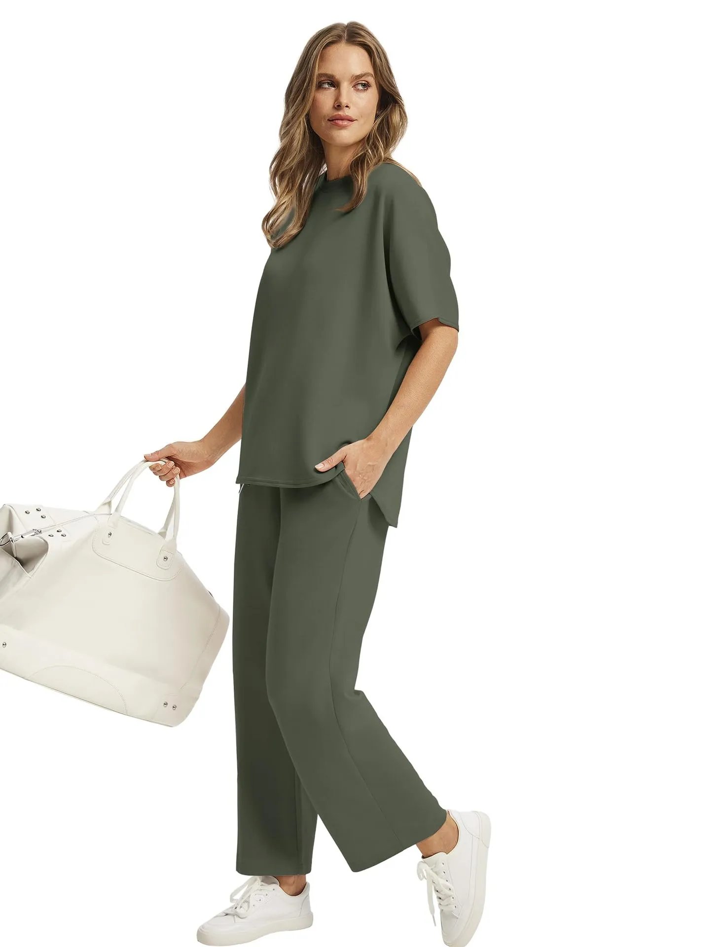 Design Relaxed Fit Cropped T-Shirt and Wide-Leg Pants Set Olive - 24