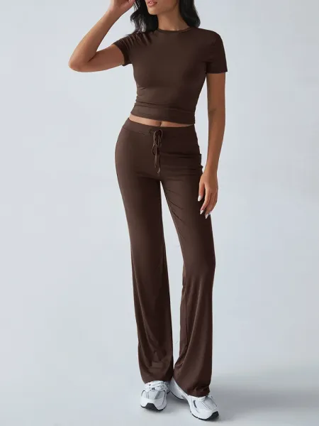 Design Cropped Tee and Wide-Leg Joggers Set Navy Blue - 29
