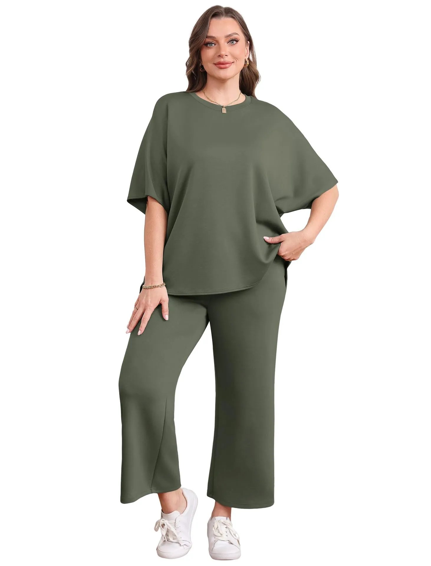 Design Relaxed Fit Cropped T-Shirt and Wide-Leg Pants Set Olive - 25