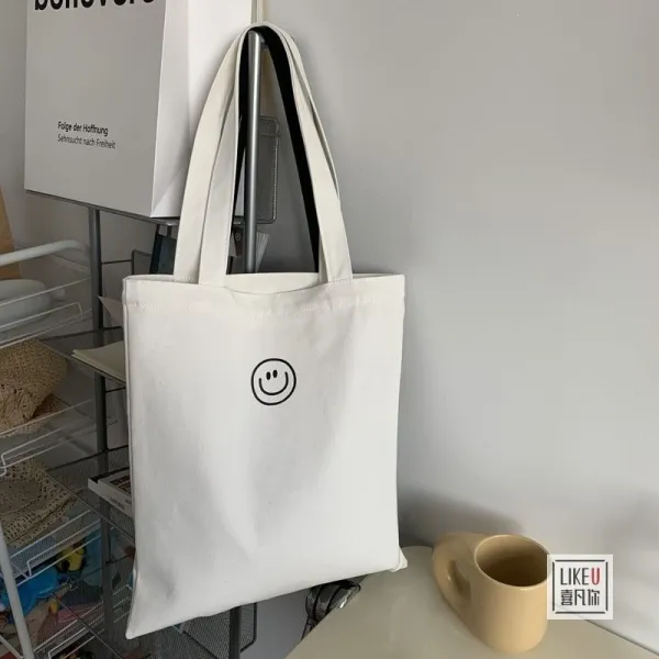 Design Smiley Face Canvas Tote Bag Black - 19