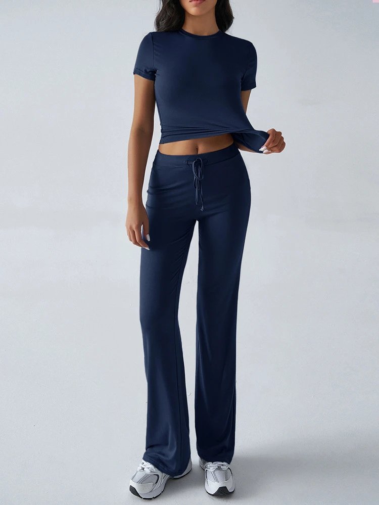 Design Cropped Tee and Wide-Leg Joggers Set Navy Blue - 33