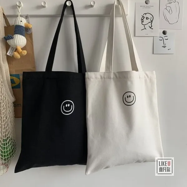 Design Smiley Face Canvas Tote Bag Black - 23