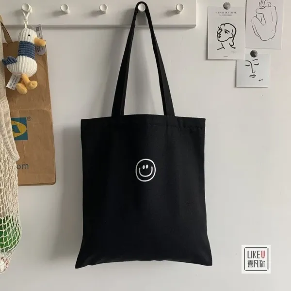 Design Smiley Face Canvas Tote Bag Black - 27