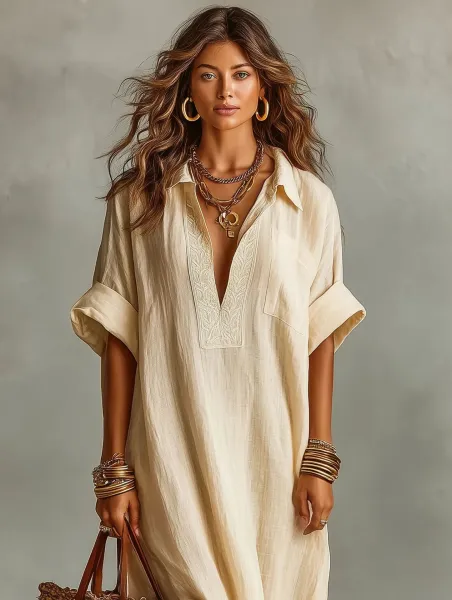 Design Caftan-Style Linen Dress Beige Shirt-Dress - 9