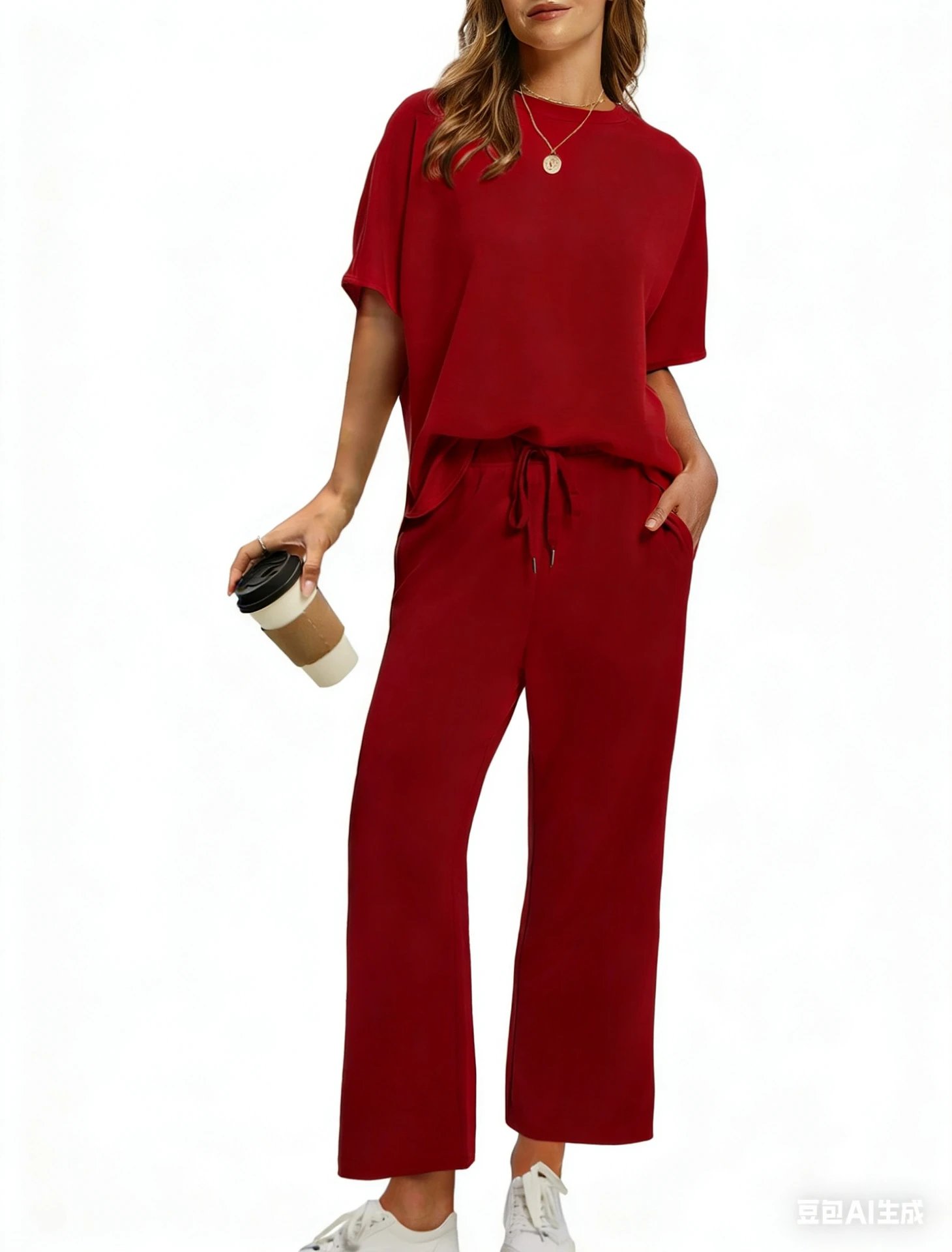 Design Relaxed Fit Cropped T-Shirt and Wide-Leg Pants Set Olive - 37
