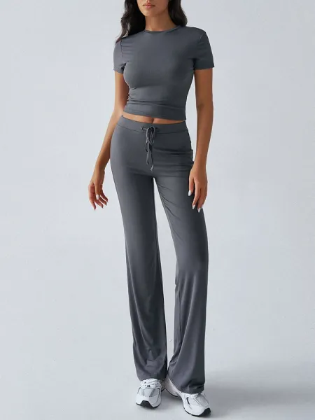 Design Cropped Tee and Wide-Leg Joggers Set Navy Blue - 46
