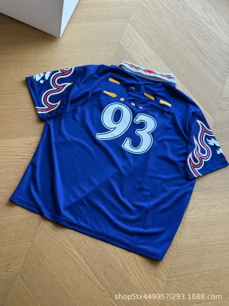 Design Retro Football Jersey Blue with Flame Sleeves and '93' Number - 4