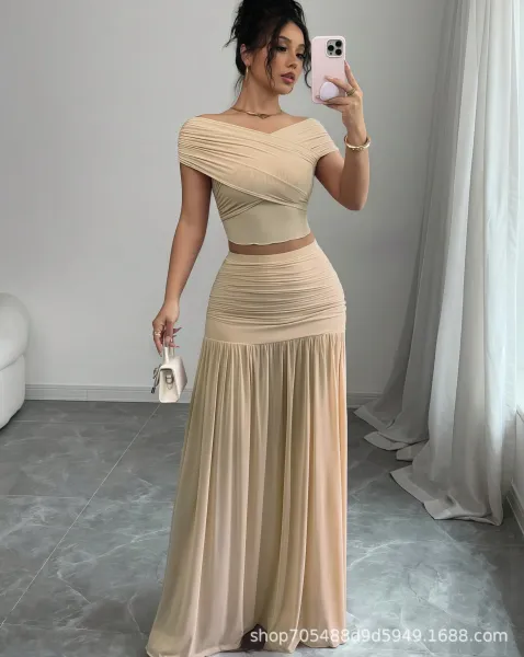 Design Off-Shoulder Draped Crop Top and Pleated Maxi Skirt Set Beige - 9