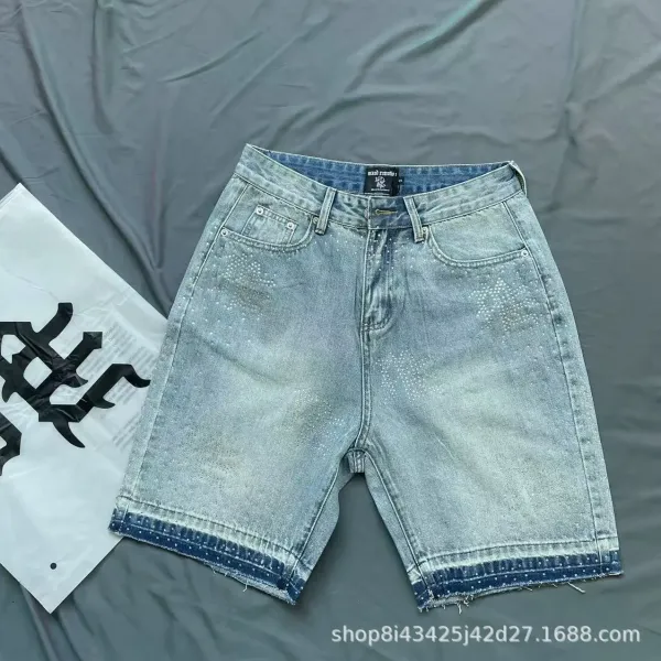 Design Mixed Emotion Studio Distressed Rhinestone Denim Shorts Light Blue Shorts - 1