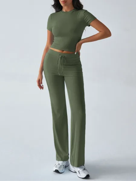 Design Cropped Tee and Wide-Leg Joggers Set Navy Blue - 62