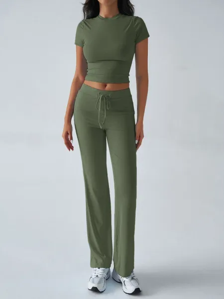 Design Cropped Tee and Wide-Leg Joggers Set Navy Blue - 63